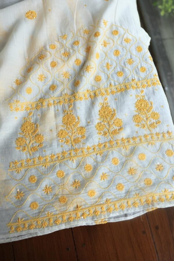 White & Yellow Mal Chanderi Silk Chikankari With Sequins Unstitched Kurta Dupatta Set - Image 9