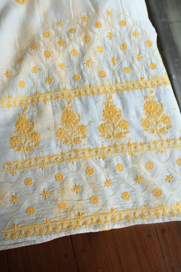 White & Yellow Mal Chanderi Silk Chikankari With Sequins Unstitched Kurta Dupatta Set - Image 10