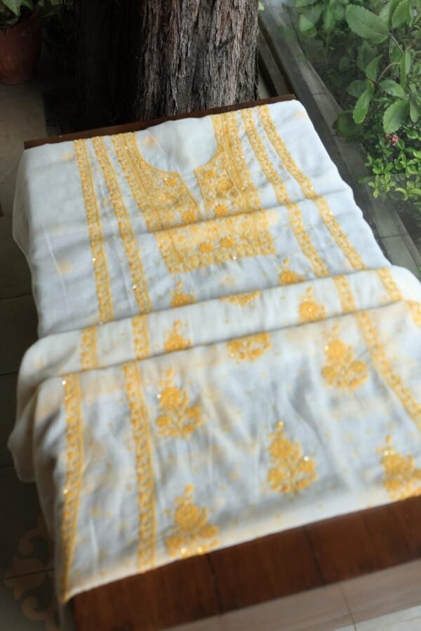 White & Yellow Mal Chanderi Silk Chikankari With Sequins Unstitched Kurta Dupatta Set - Image 11
