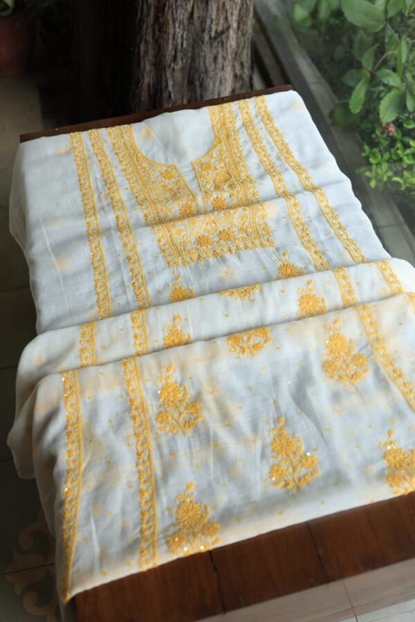 White & Yellow Mal Chanderi Silk Chikankari With Sequins Unstitched Kurta Dupatta Set - Image 12