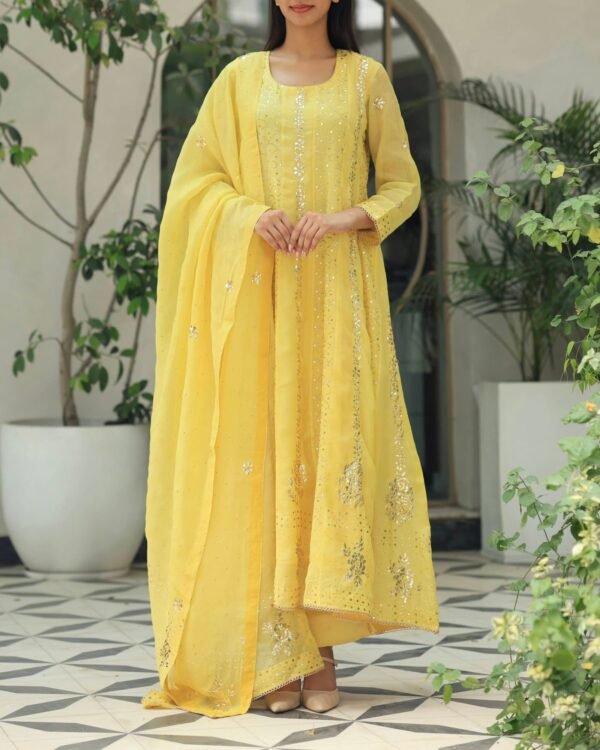 Yellow Noor Organza Badla Anarkali With Dupatta - Image 3