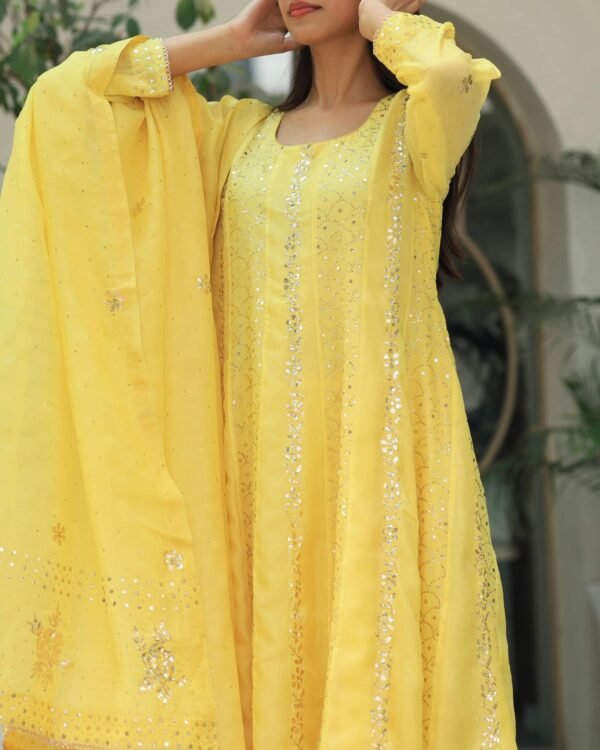Yellow Noor Organza Badla Anarkali With Dupatta - Image 5