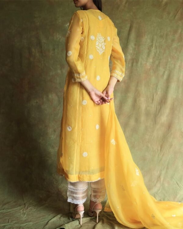 Yellow Noor Organza Silk Chikankari Straight Cut Kurta Dupatta Set - Image 9