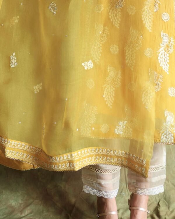 Yellow Noor Organza Silk Chikankari Straight Cut Kurta Dupatta Set - Image 12