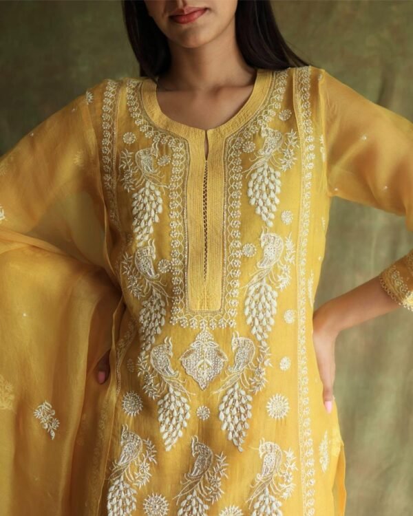 Yellow Noor Organza Silk Chikankari Straight Cut Kurta Dupatta Set - Image 3