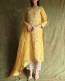 Yellow Noor Organza Silk Chikankari Straight Cut Kurta Dupatta Set