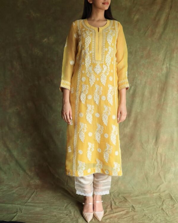 Yellow Noor Organza Silk Chikankari Straight Cut Kurta Dupatta Set - Image 7