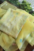 Yellow Noor Organza Silk Chikankari With Mukaish Kamdani Fabric