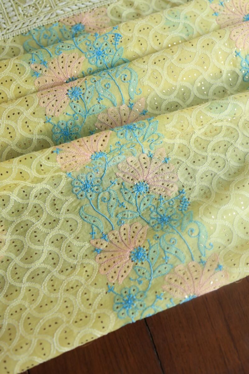 Yellow Noor Organza Silk Chikankari With Mukaish Kamdani Fabric