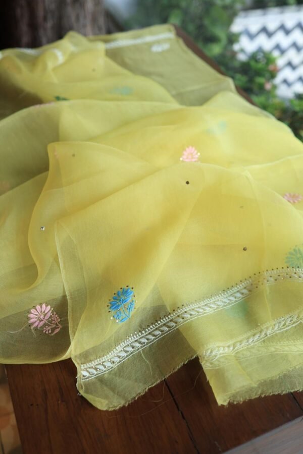 Yellow Noor Organza Silk Chikankari With Mukaish Kamdani Fabric - Image 9