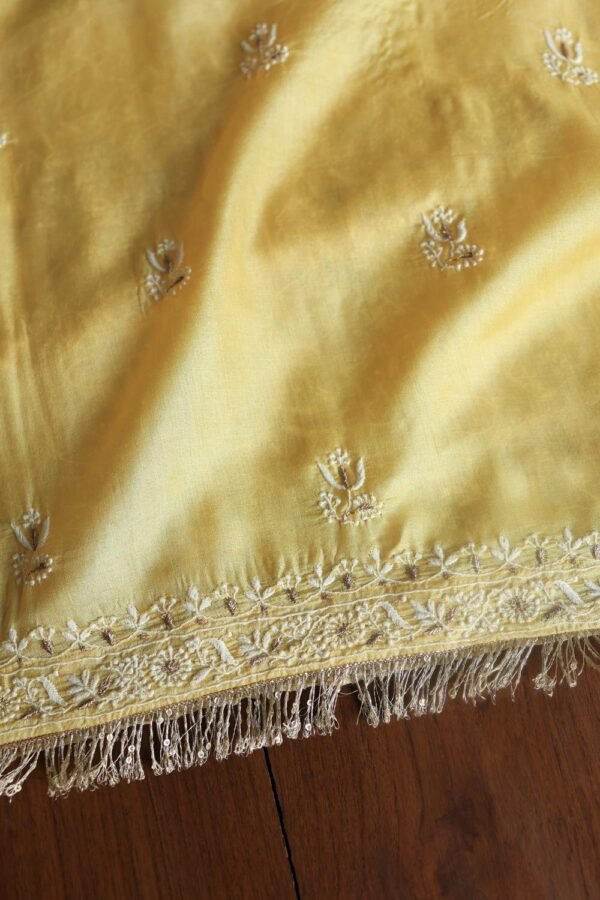 Yellow Paper Tussar Resham Chikankari Unstitched Kurta Dupatta Set - Image 11