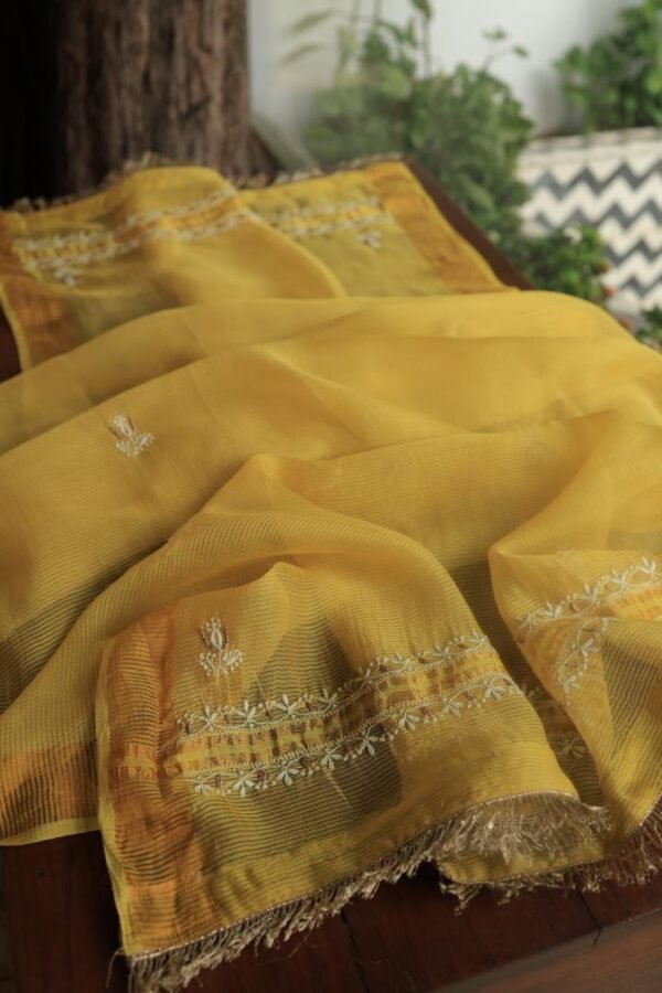 Yellow Paper Tussar Resham Chikankari Unstitched Kurta Dupatta Set - Image 12