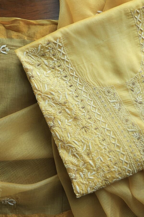 Yellow Paper Tussar Resham Chikankari Unstitched Kurta Dupatta Set - Image 5