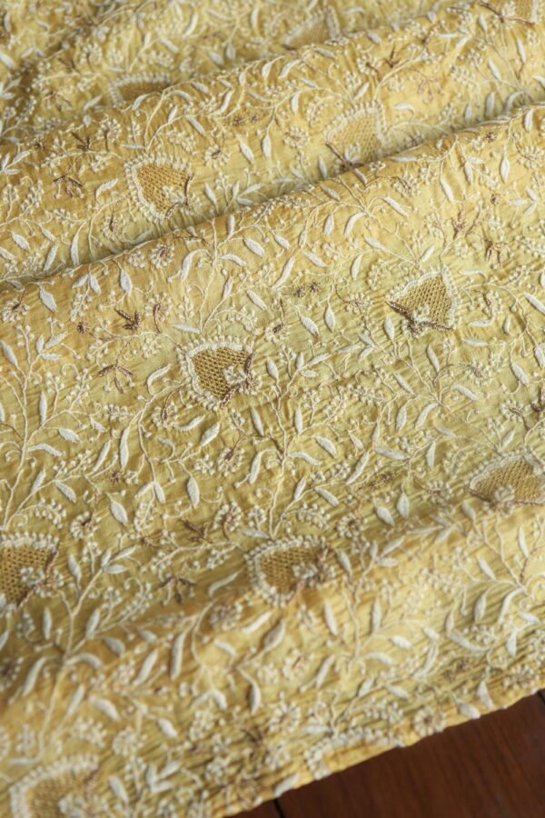 Yellow Paper Tussar Resham Chikankari Unstitched Kurta Dupatta Set - Image 8