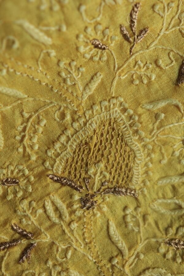 Yellow Paper Tussar Resham Chikankari Unstitched Kurta Dupatta Set - Image 10