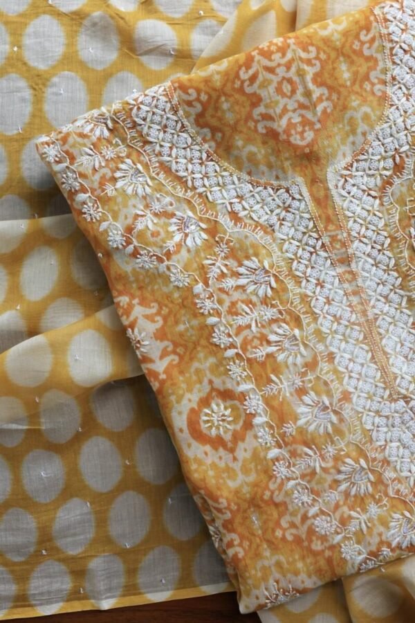 Yellow & White Soft Cotton Printed Unstitched Kurta Dupatta Set with Chikankari & Sequin Work