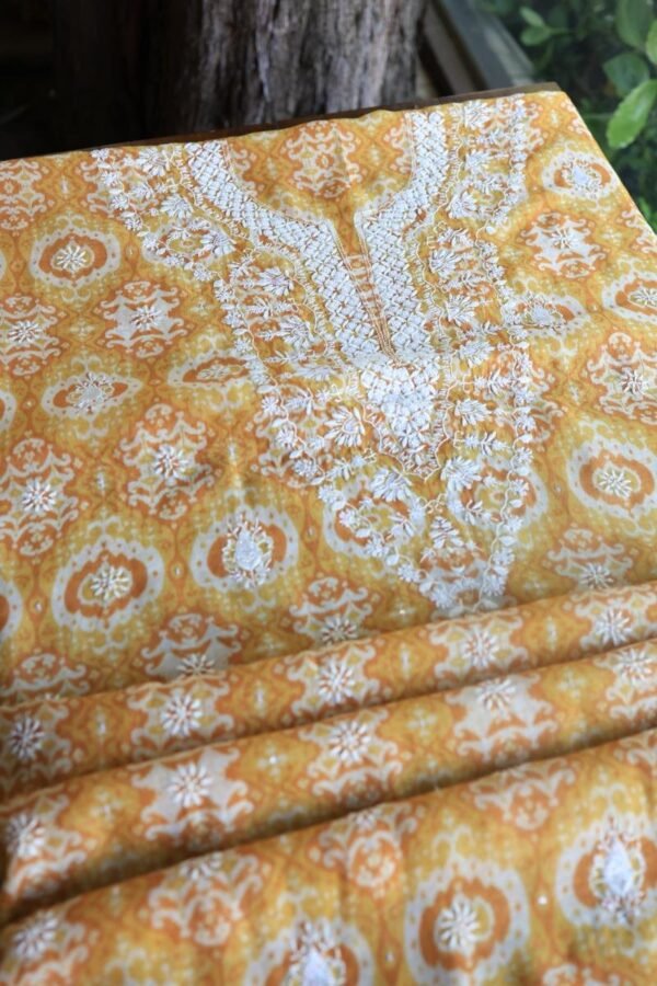 Yellow & White Soft Cotton Printed Unstitched Kurta Dupatta Set with Chikankari & Sequin Work - Image 14