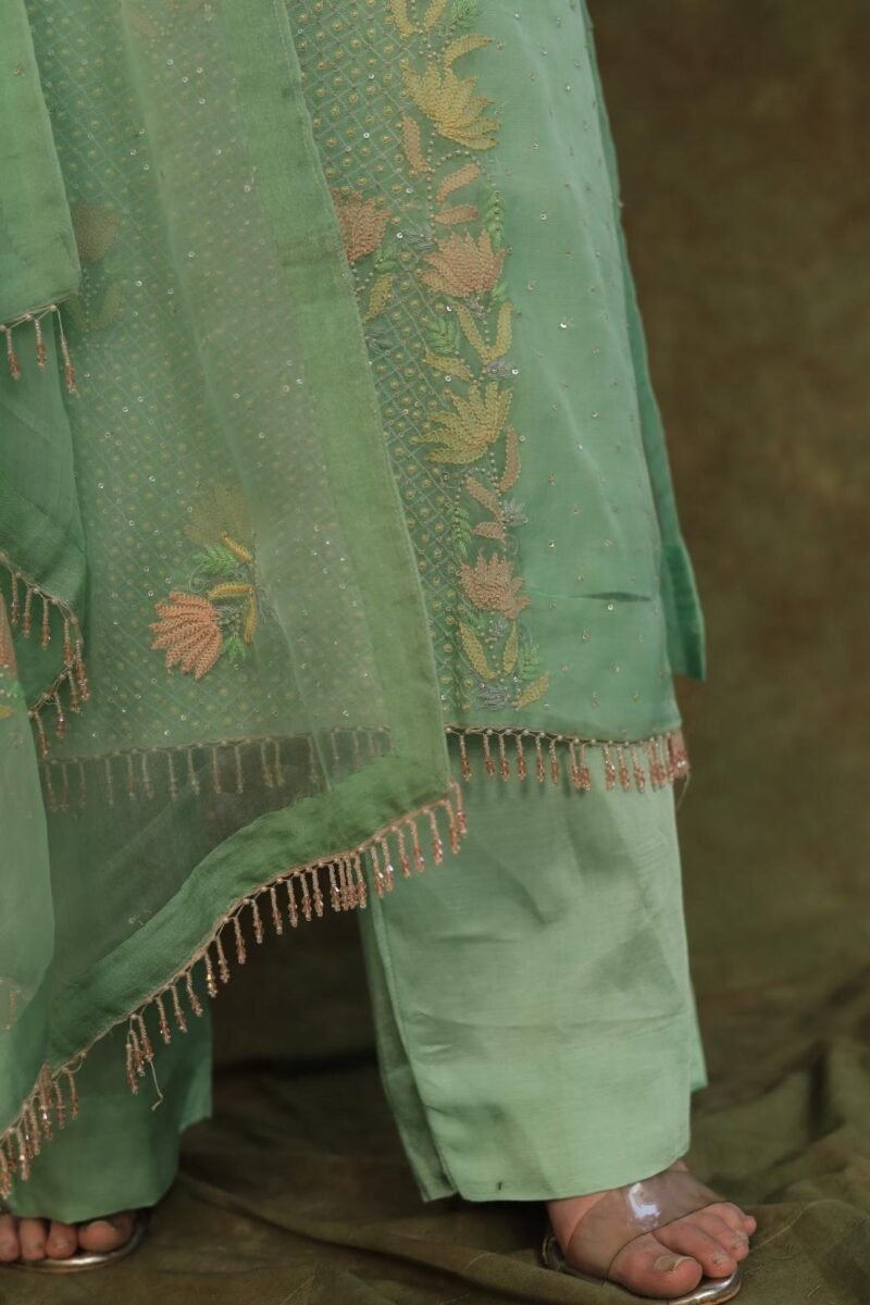 Sea Green Noor Organza Silk Zardosi Work Fine Resham Chikankari Kurta Set