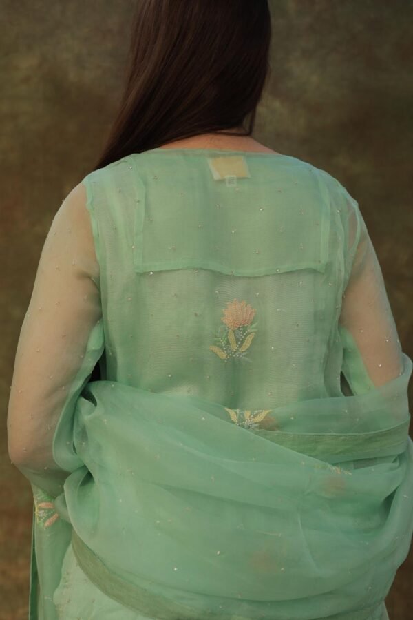 Sea Green Noor Organza Silk Zardosi Work Fine Resham Chikankari Kurta Set - Image 12