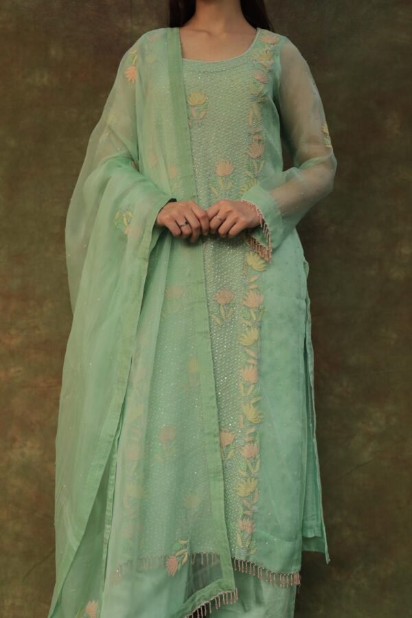 Sea Green Noor Organza Silk Zardosi Work Fine Resham Chikankari Kurta Set - Image 3