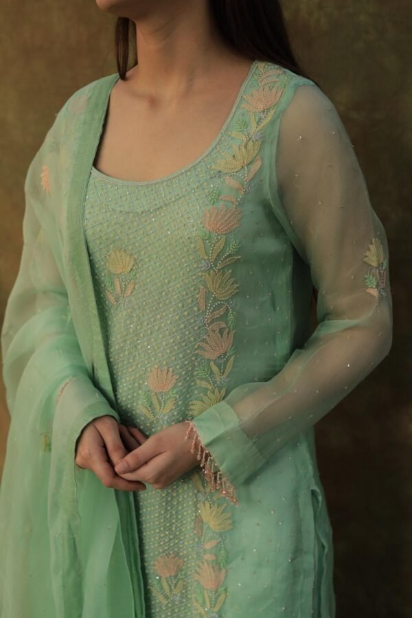 Sea Green Noor Organza Silk Zardosi Work Fine Resham Chikankari Kurta Set - Image 5