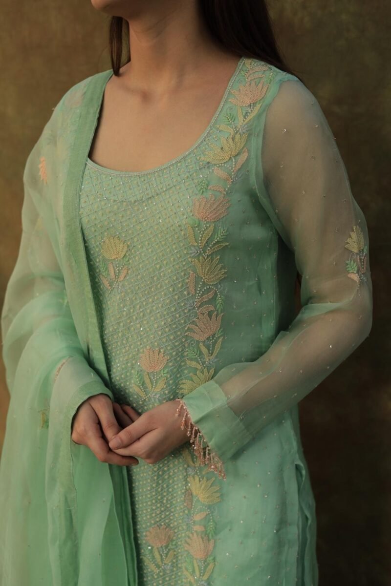 Sea Green Noor Organza Silk Zardosi Work Fine Resham Chikankari Kurta Set