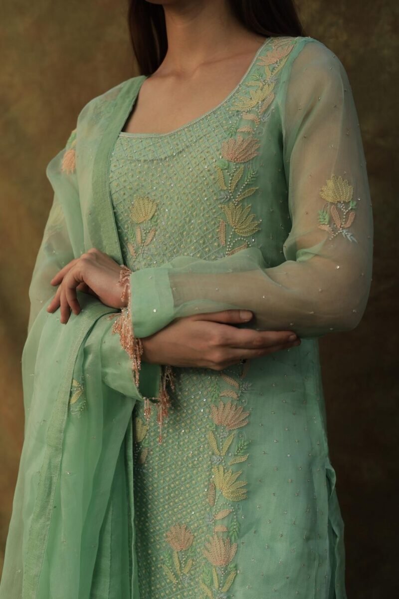Sea Green Noor Organza Silk Zardosi Work Fine Resham Chikankari Kurta Set
