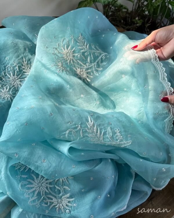 Ice Blue Noor Organza Cutwork Chikankari Saree