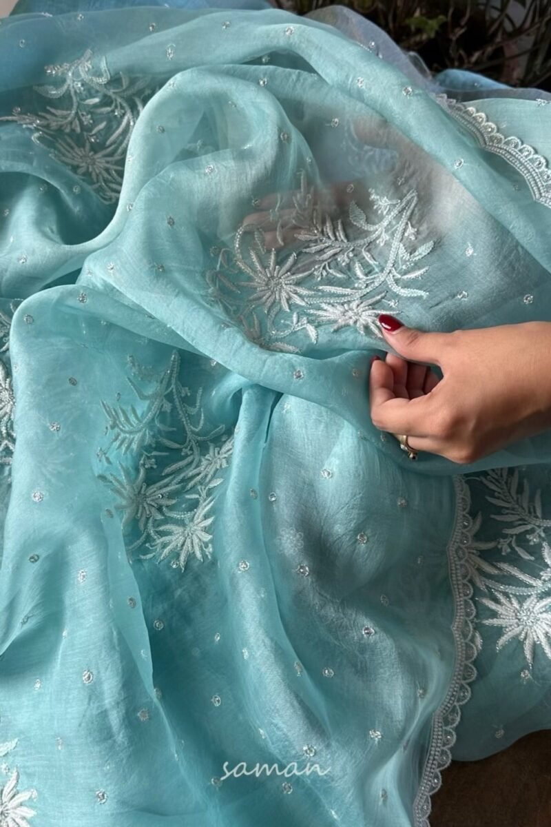 Ice Blue Noor Organza Cutwork Chikankari Saree