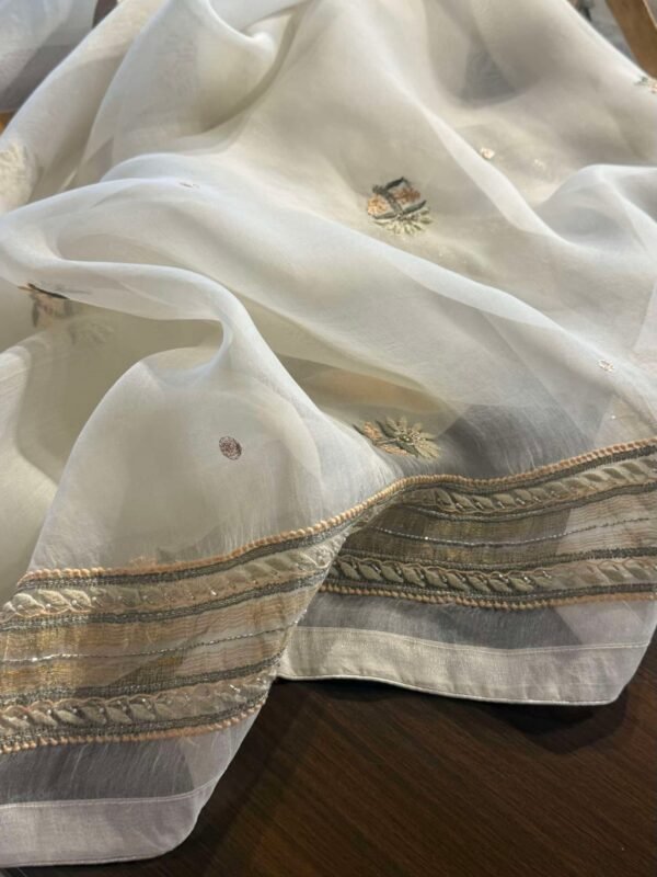 White Noor Banarasi Organza Chikankari Unstitched Fabrics - Image 4