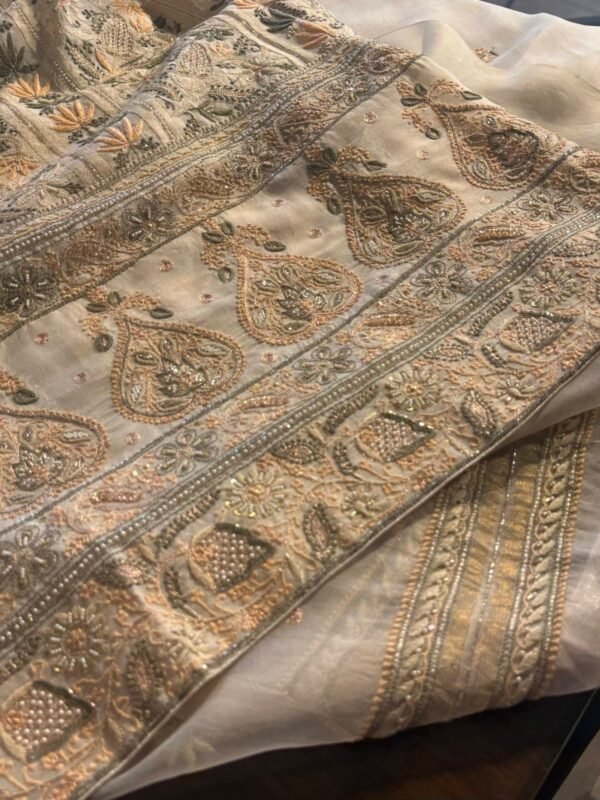 White Noor Banarasi Organza Chikankari Unstitched Fabrics