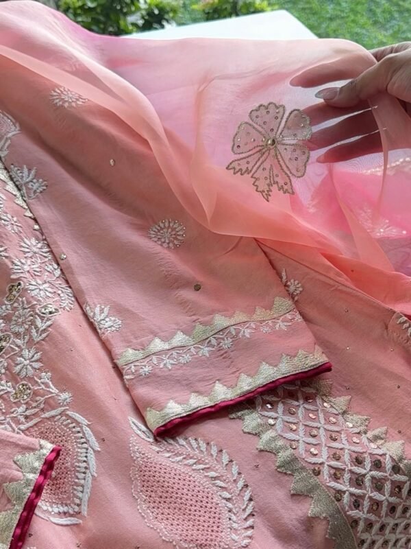 Chanderi Daraz Applique Chikankari Mukaish Kurta Dupatta Set - Image 4