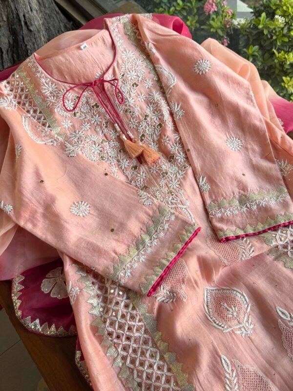 Chanderi Daraz Applique Chikankari Mukaish Kurta Dupatta Set