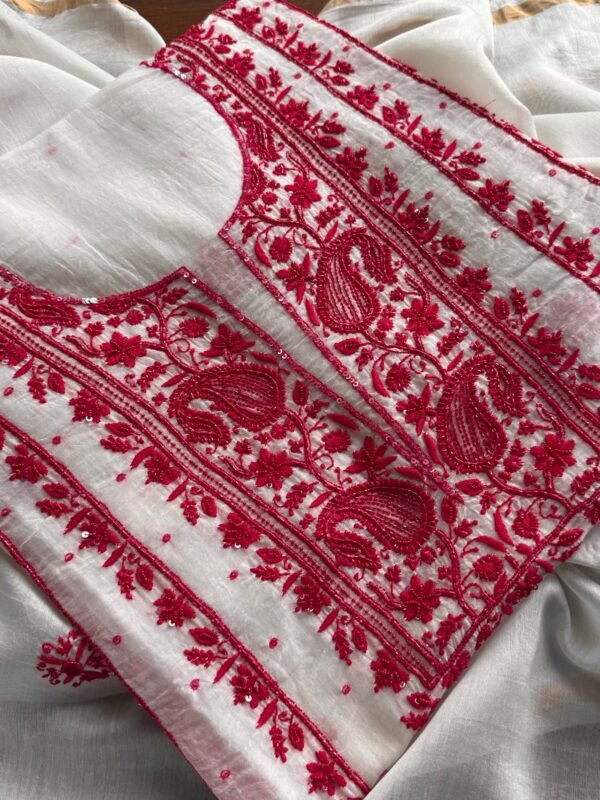 White & Red Mal Chanderi Silk Chikankari With Sequins Unstitched Kurta Dupatta Set - Image 9