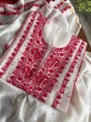 White & Red Mal Chanderi Silk Chikankari With Sequins Unstitched Kurta Dupatta Set