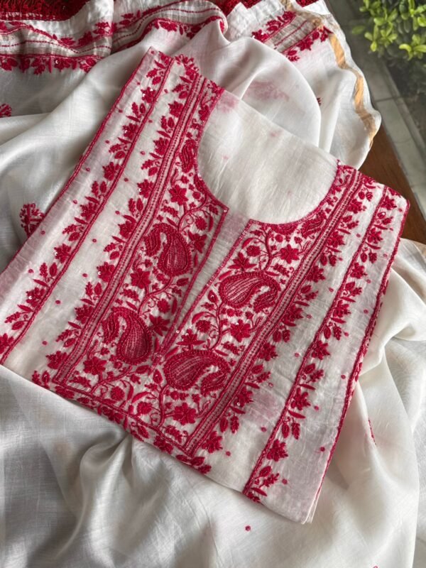 White & Red Mal Chanderi Silk Chikankari With Sequins Unstitched Kurta Dupatta Set