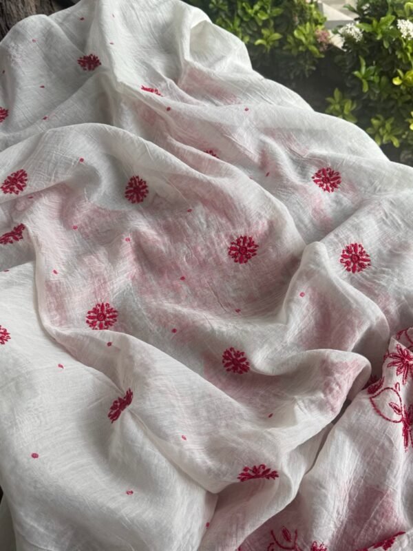 White & Red Mal Chanderi Silk Chikankari With Sequins Unstitched Kurta Dupatta Set - Image 7