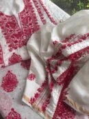 White & Red Mal Chanderi Silk Chikankari With Sequins Unstitched Kurta Dupatta Set