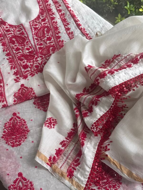 White & Red Mal Chanderi Silk Chikankari With Sequins Unstitched Kurta Dupatta Set - Image 11