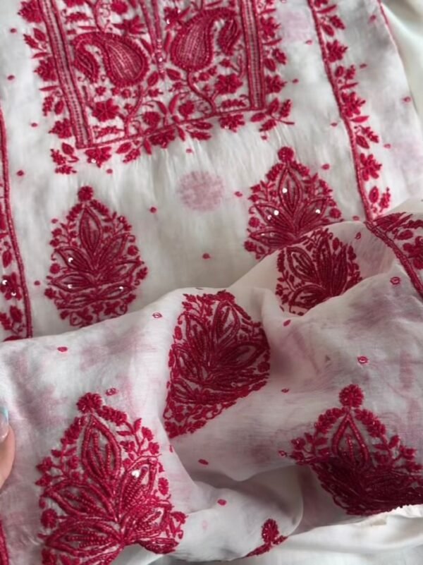 White & Red Mal Chanderi Silk Chikankari With Sequins Unstitched Kurta Dupatta Set - Image 5