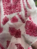 White & Red Mal Chanderi Silk Chikankari With Sequins Unstitched Kurta Dupatta Set