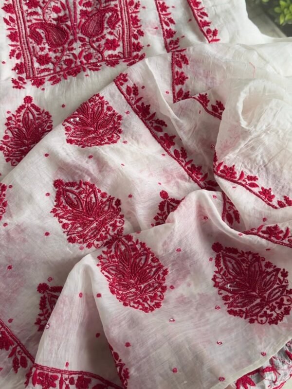 White & Red Mal Chanderi Silk Chikankari With Sequins Unstitched Kurta Dupatta Set - Image 10