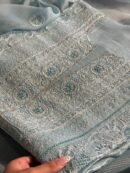 Powder Blue Linen silk Chikankari With Ari Work Unstitched Kurta Dupatta Set Copy