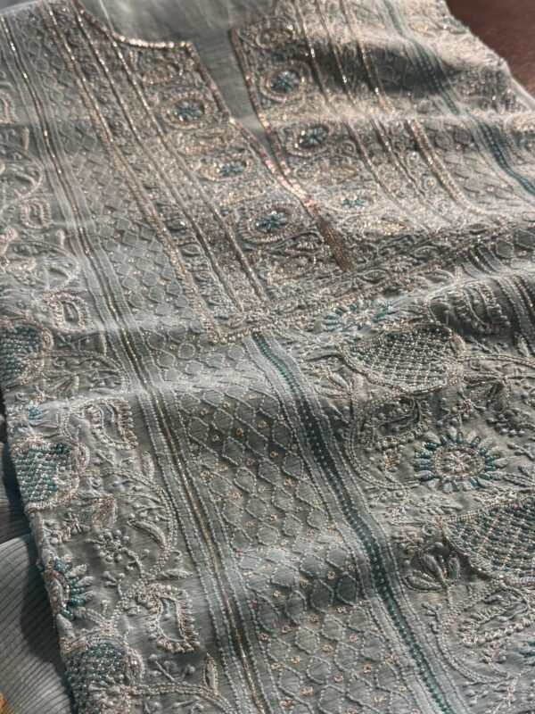 Powder Blue Linen silk Chikankari With Ari Work Unstitched Kurta Dupatta Set Copy - Image 9