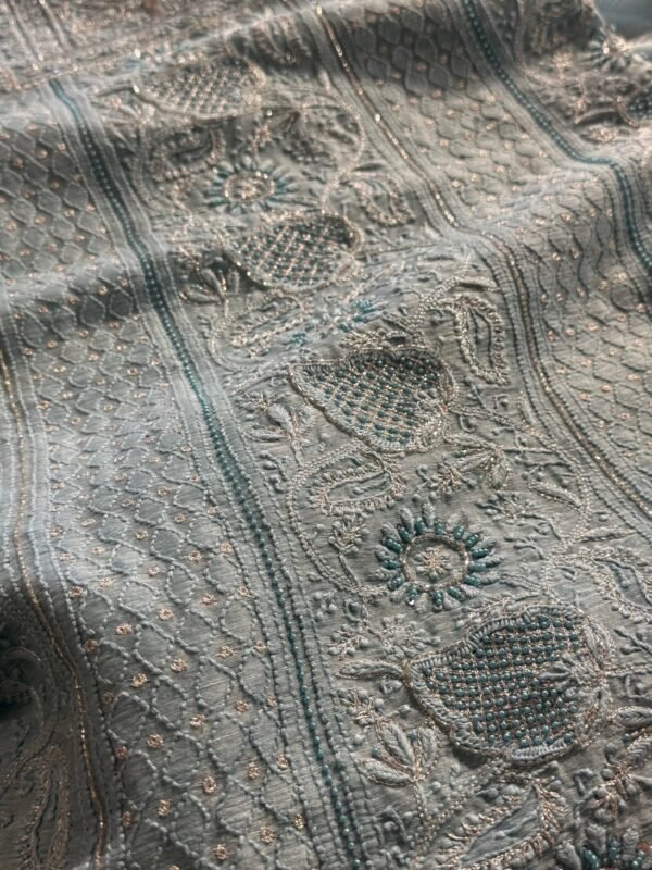 Powder Blue Linen silk Chikankari With Ari Work Unstitched Kurta Dupatta Set Copy - Image 11