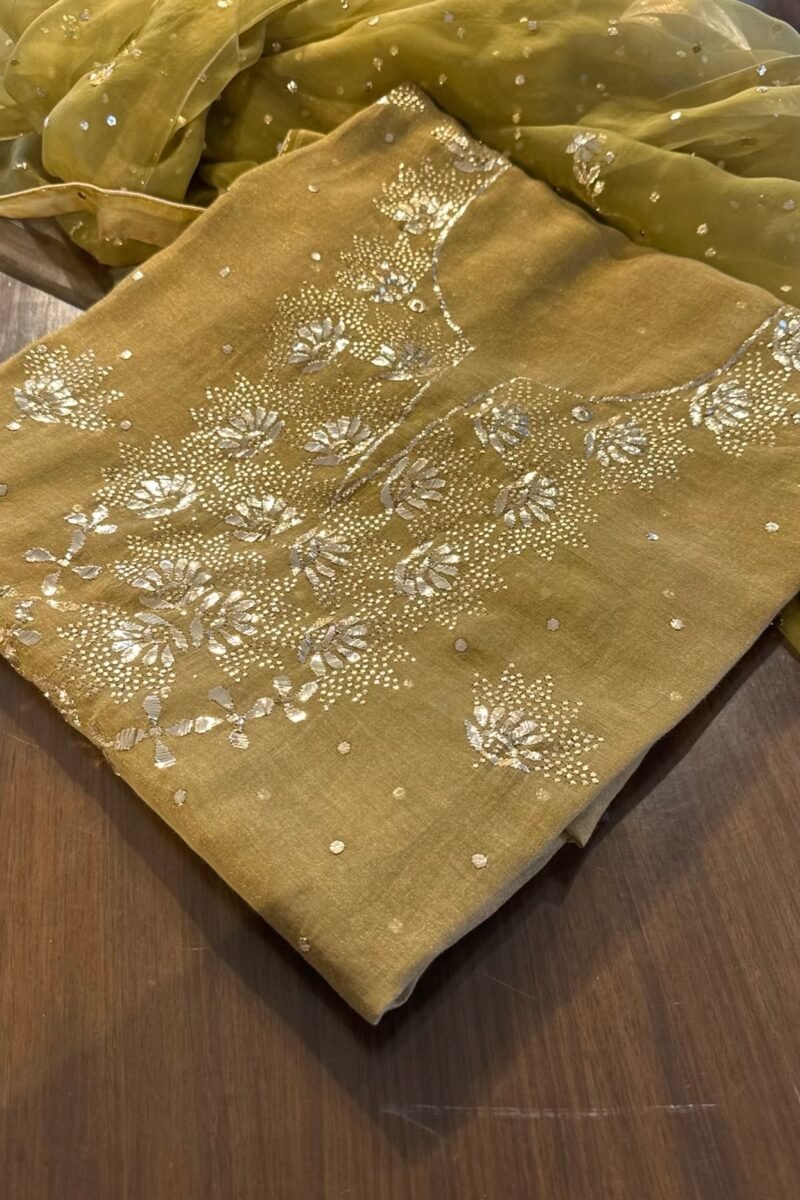 Green Roheen Tissue Silk Mukaish Badla Fabric