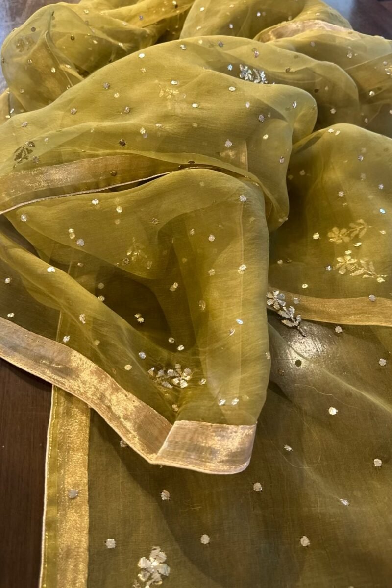 Green Roheen Tissue Silk Mukaish Badla Fabric