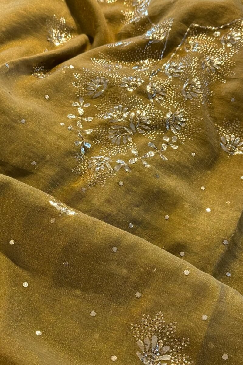 Green Roheen Tissue Silk Mukaish Badla Fabric