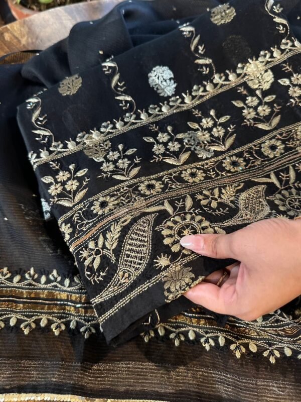 Jet Black | Zari Chanderi Chikankari Fabrics - Image 2
