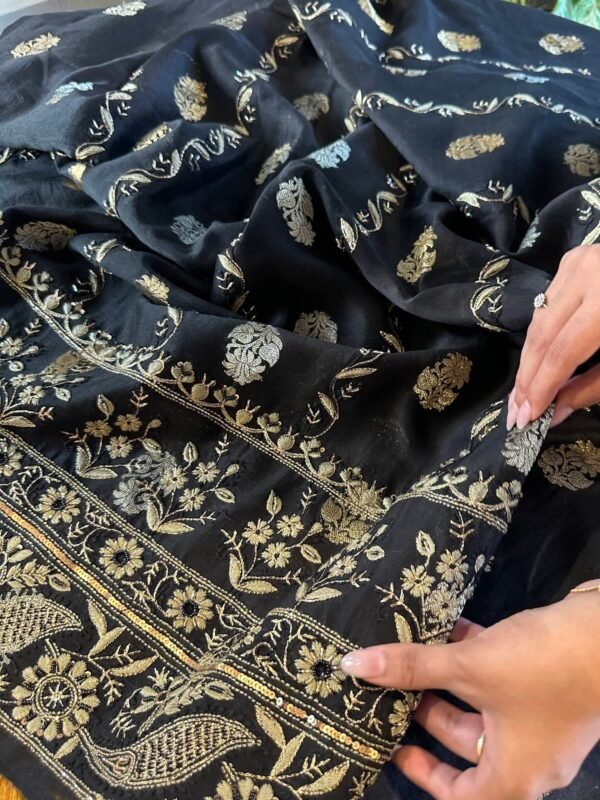 Jet Black | Zari Chanderi Chikankari Fabrics - Image 3